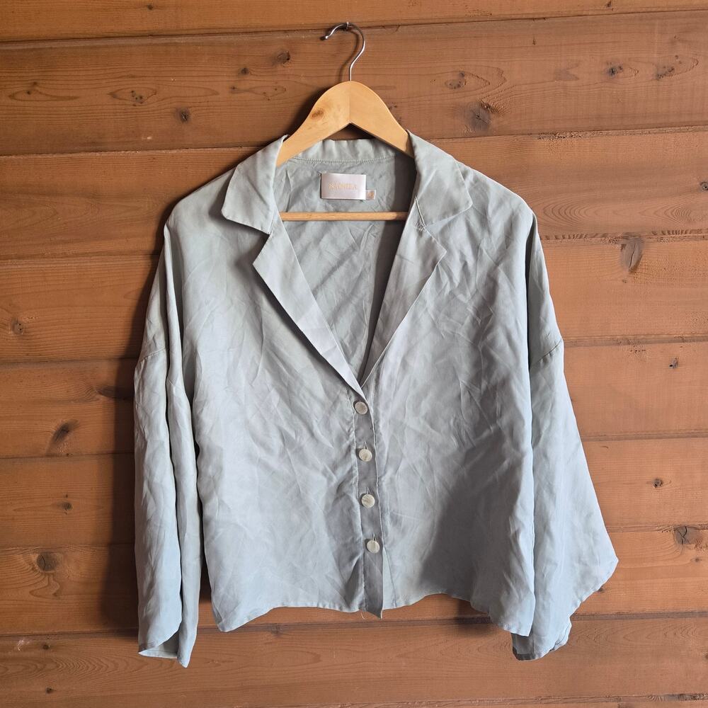 Anthropologie Sancia Annika Top Celadon Green Blouse Silky Shirt Flare Sleeve XS - Picture 2 of 8